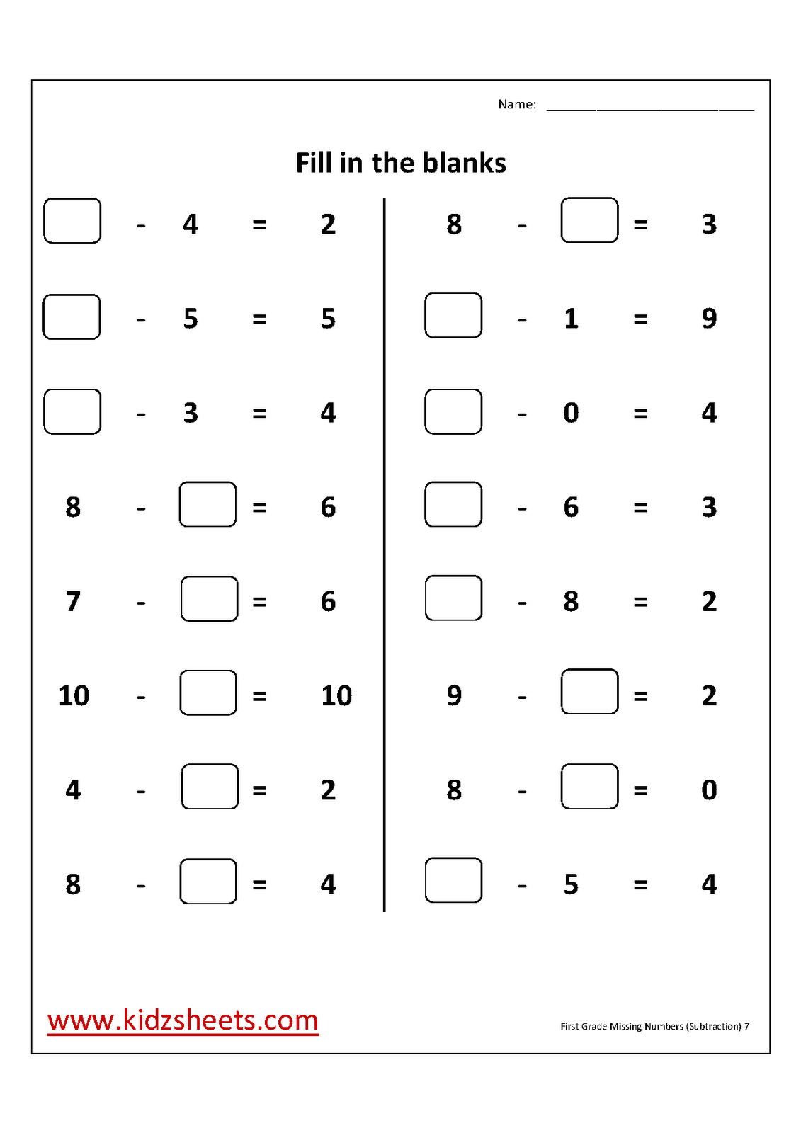 Subtraction Missing addition numbers number missing (Subtraction sums Missing  numbers Worksheets,