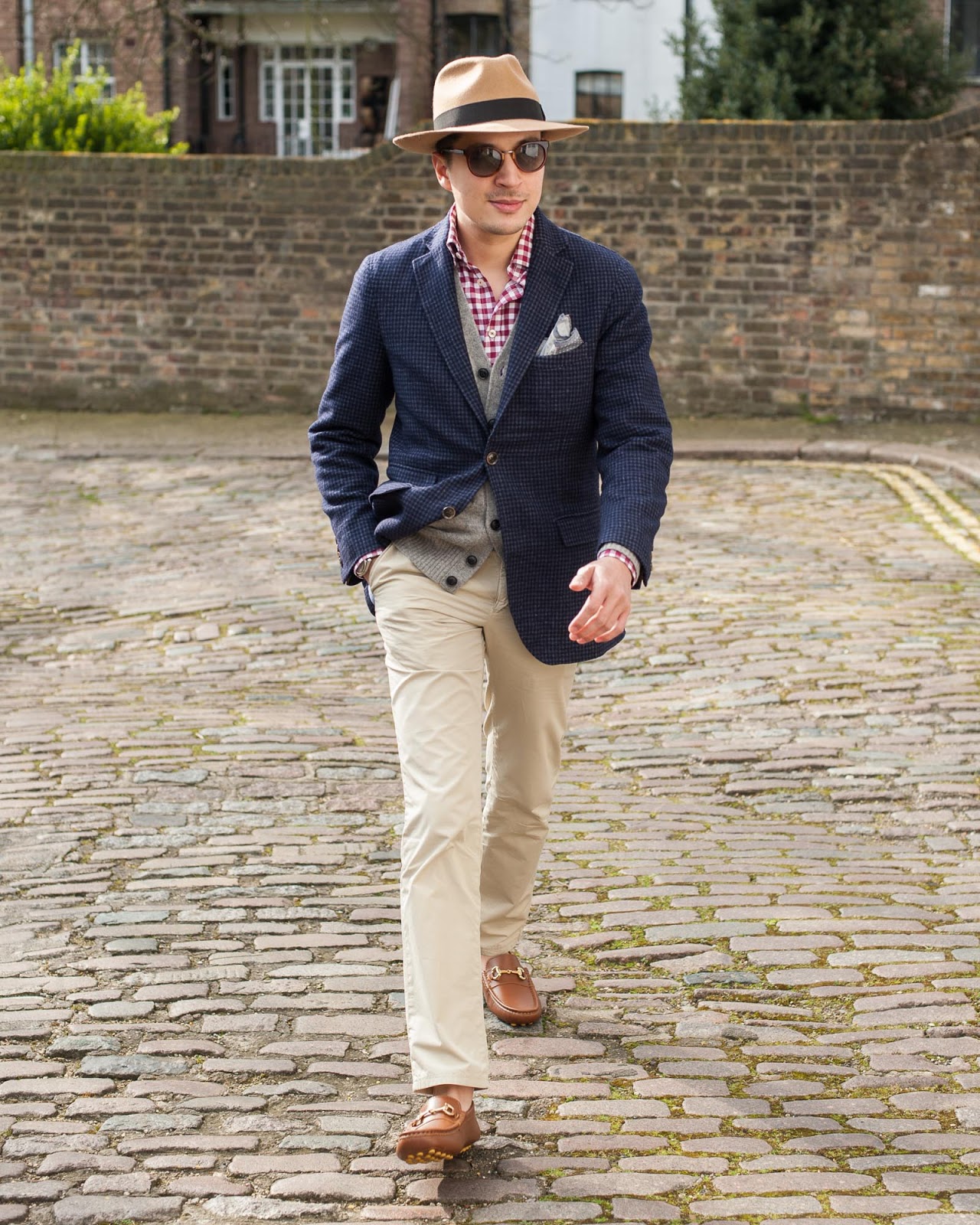 Massimo Dutti Blazer, Uniqlo Cardigan, Incotex Chinos, Stallard Drivers