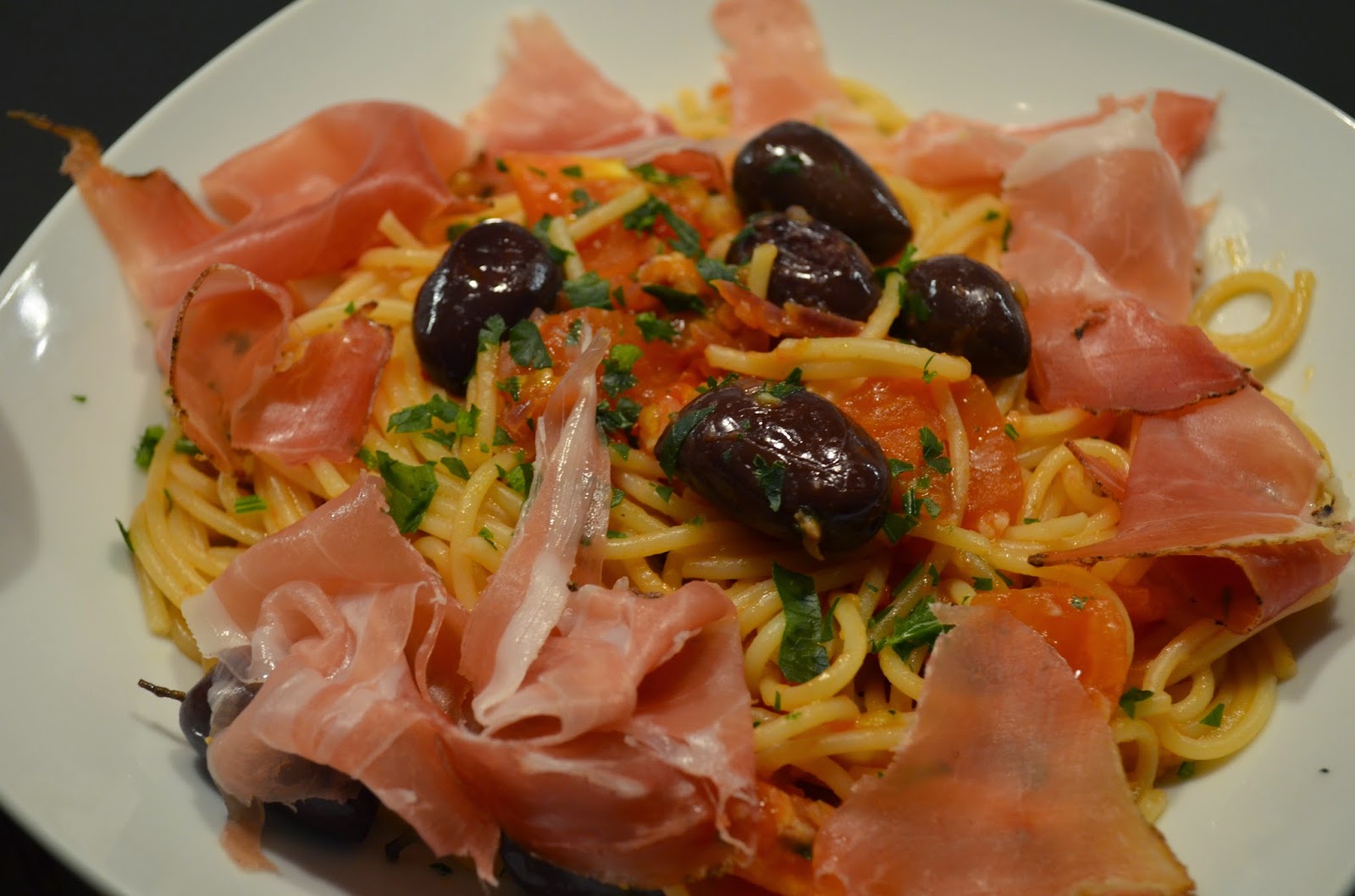 Prosciutto, Tomato, and Olive Pasta Stuff and Spice