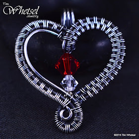 Handmade Sterling Silver Wire Wrapped Valentines Day Heart with red Swarovski Bicone Bead - ©2015 Tim Whetsel Jewelry