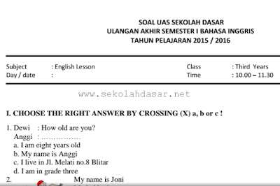 Soal UAS Bahasa Inggris Semester 1 Kelas 3 SD/MI