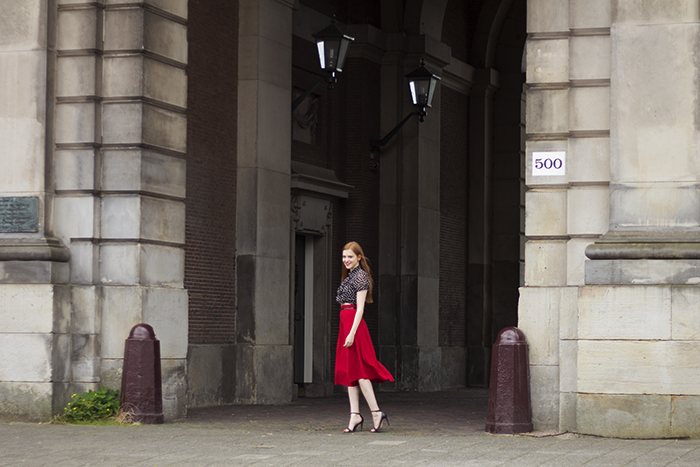 Red Sonja fashion blogger outfit red midi skirt polka dot blouse