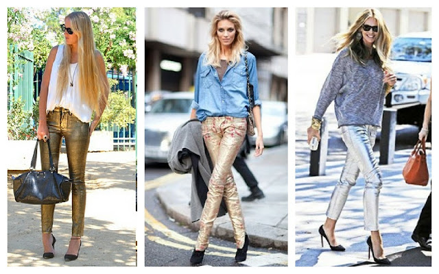 calças metalizadas, metallized jeans, calças douradas prateadas