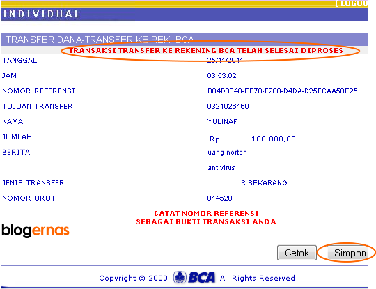 Cara Mengirim/Transfer Uang dengan Klik BCA Online di Internet