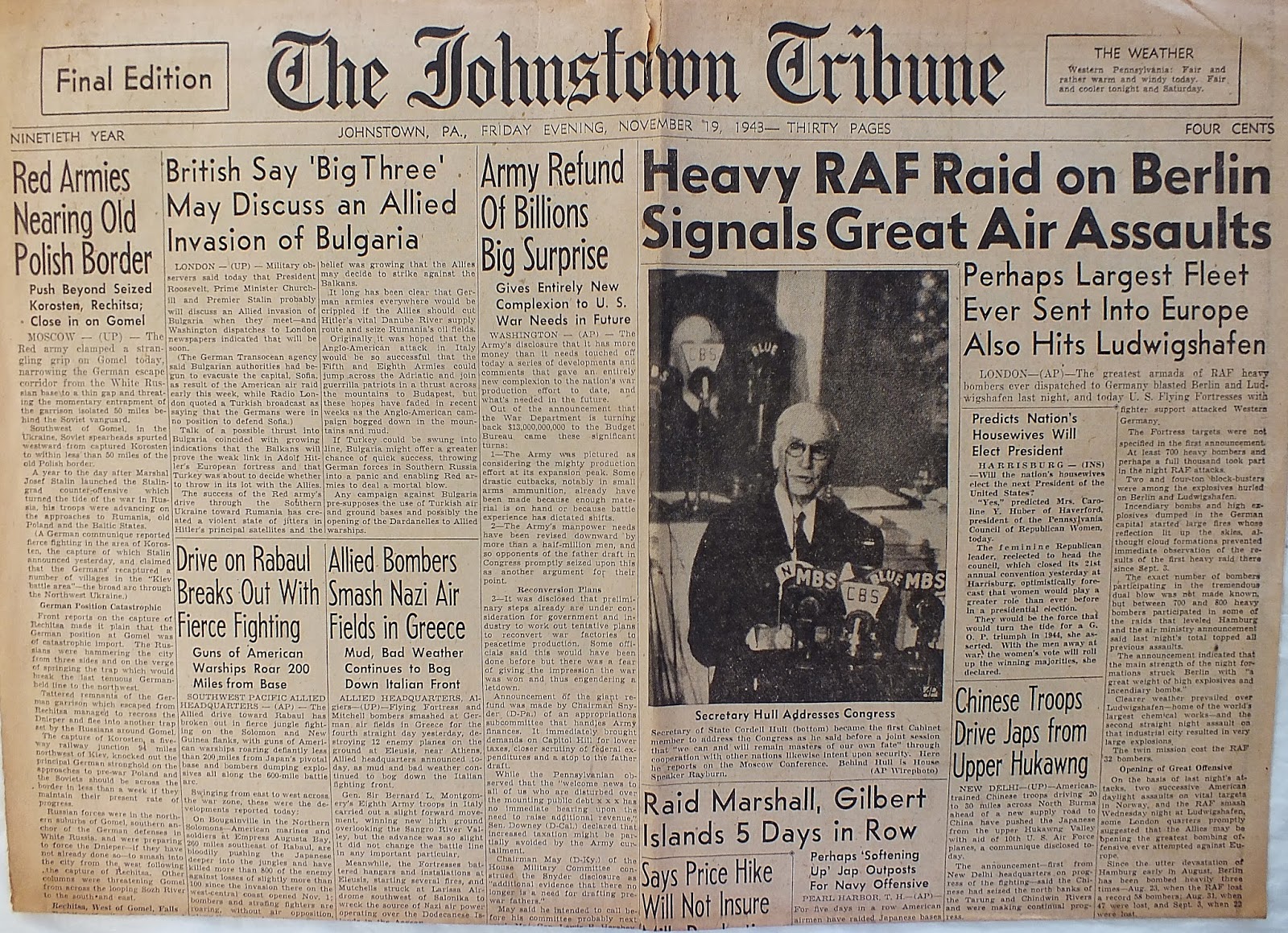 The Johnstown Tribune WWII November 19, 1943 Heavy RAF Raid on