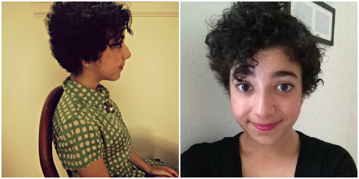 Pixie cut (with curly hair): Side view (left), Front view (right)