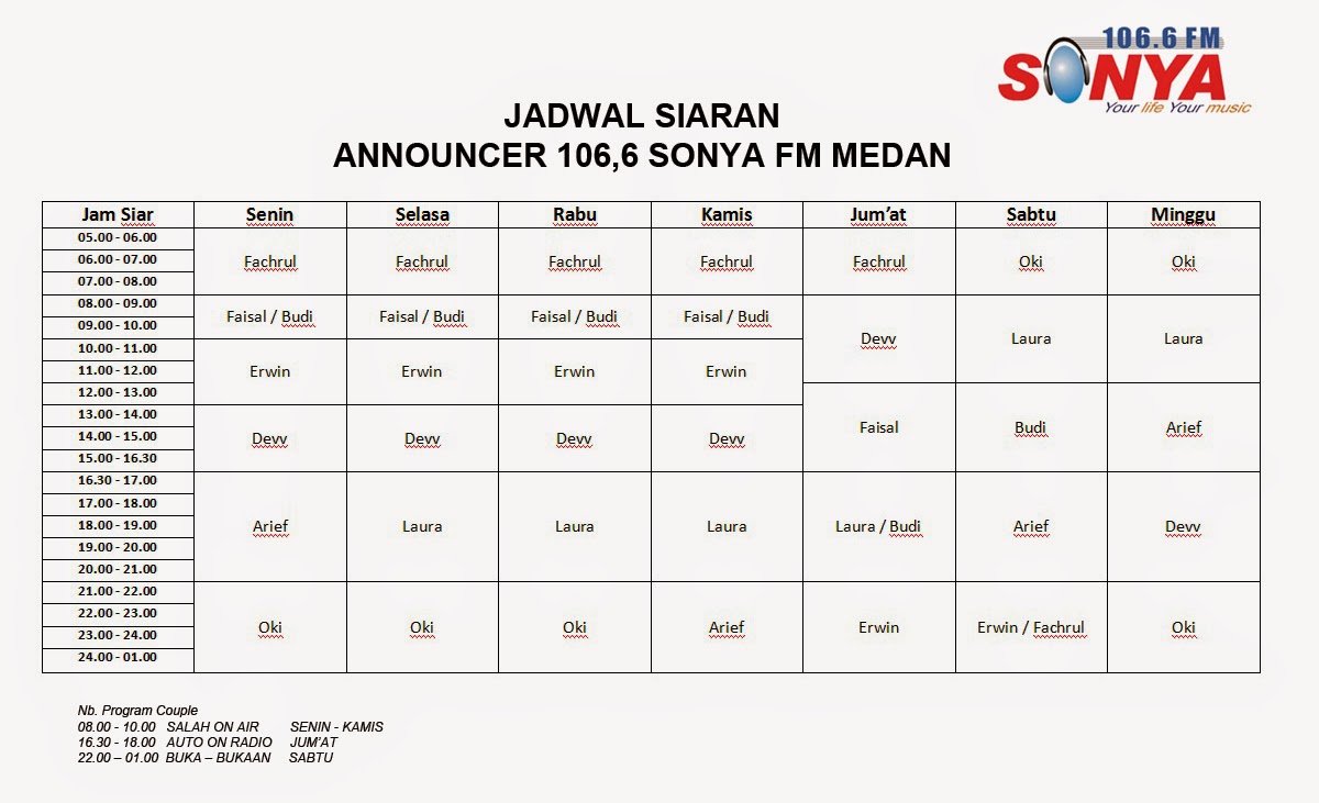 JADWAL SIARAN 106,6 SONYA FM MEDAN