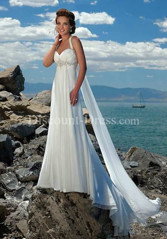 Halter Floor Length Watteau Gossamer Chiffon Beading Wedding Dress