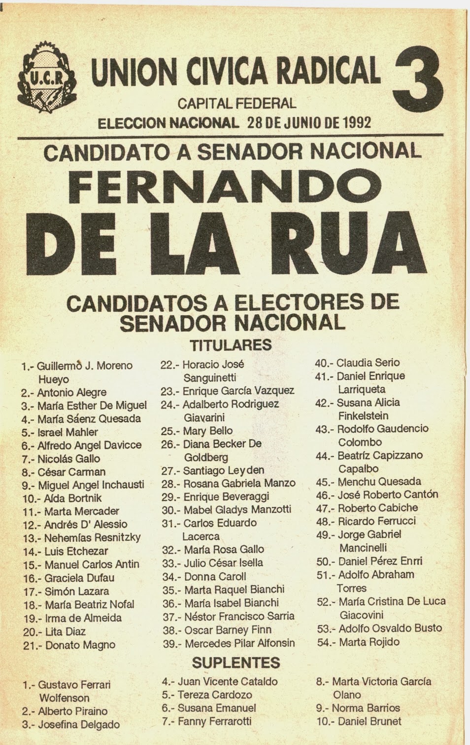 YO NO LAS VOTE Elecciones 28 de Junio de 1992 Senador Nacional