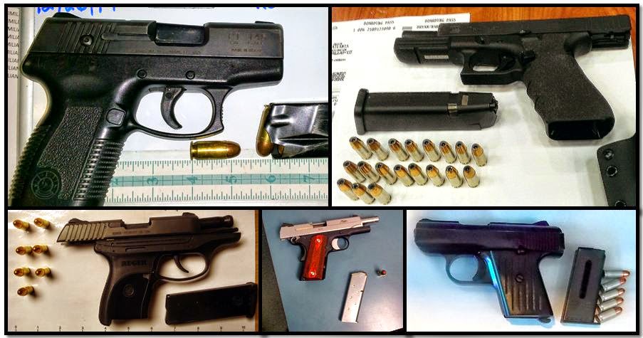Loaded firearms discovered in carry-on bags at (Clockwise from top left) FLL, ATL, HOU, DTW & SAT