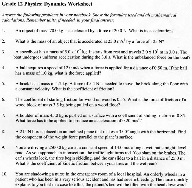 Physics1202-2010: Dynamics Worksheet
