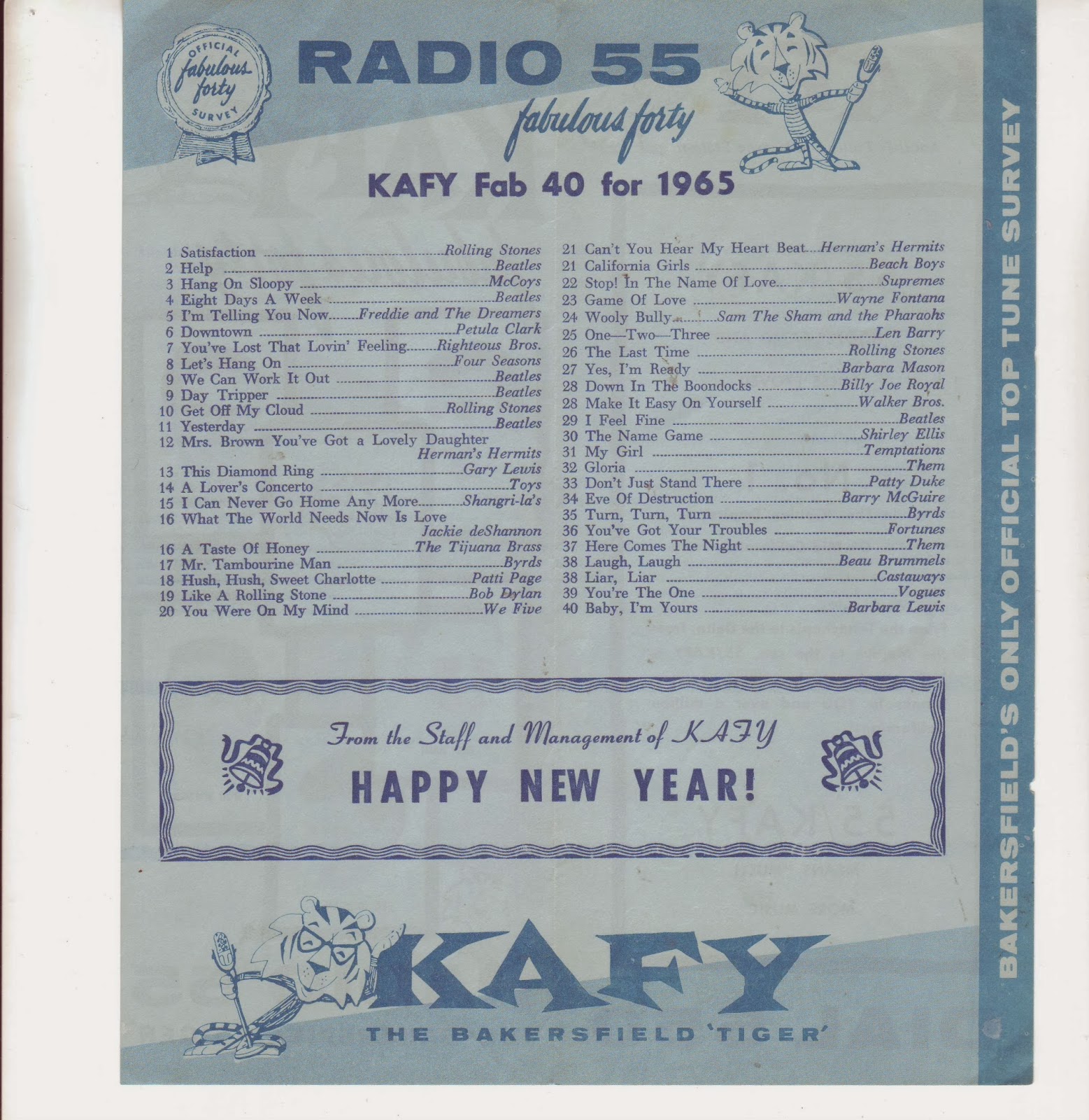 Classic Top 40 Radio KAFY Bakersfield Top 40 songs of 1965 music survey