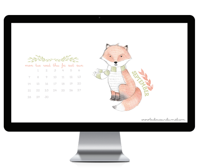 September 2015 free to download desktop wallpaper with a fox with a green and white scarf