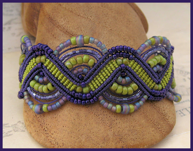 Micro macrame bracelet in chartreuse green and purple by Sherri Stokey
