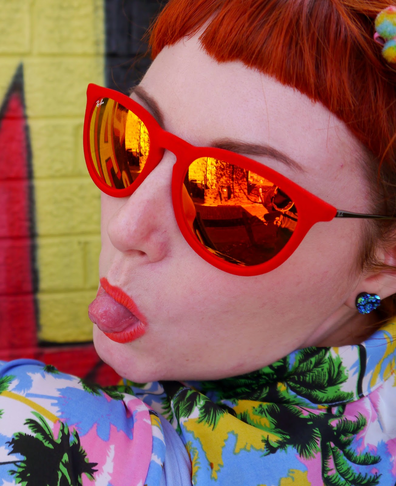 Scottish Blogger, Red Head, Ginger, Styled by Helen, Dundee, Amazing Spectacles, Graffiti, Tropical shirt, Luna on the Moon, Hair Slides, pom pom, Sun Glasses Shop, velvet sunglasses, rayban, Ray-Ban, Cheap Frills heart earrings, bright outfit, summer outfit, summer style, Abandon Ship, Kewpie tote bag, Rock Cakes brooch, Bonnie Bling name ring