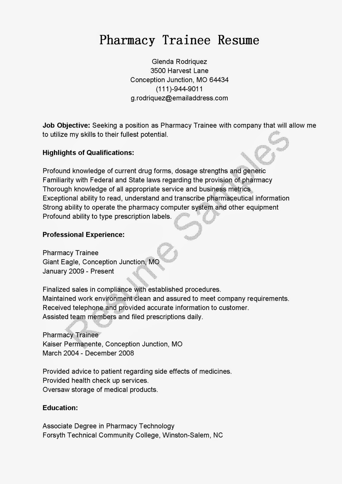 Resume Samples Pharmacy Trainee Resume Sample