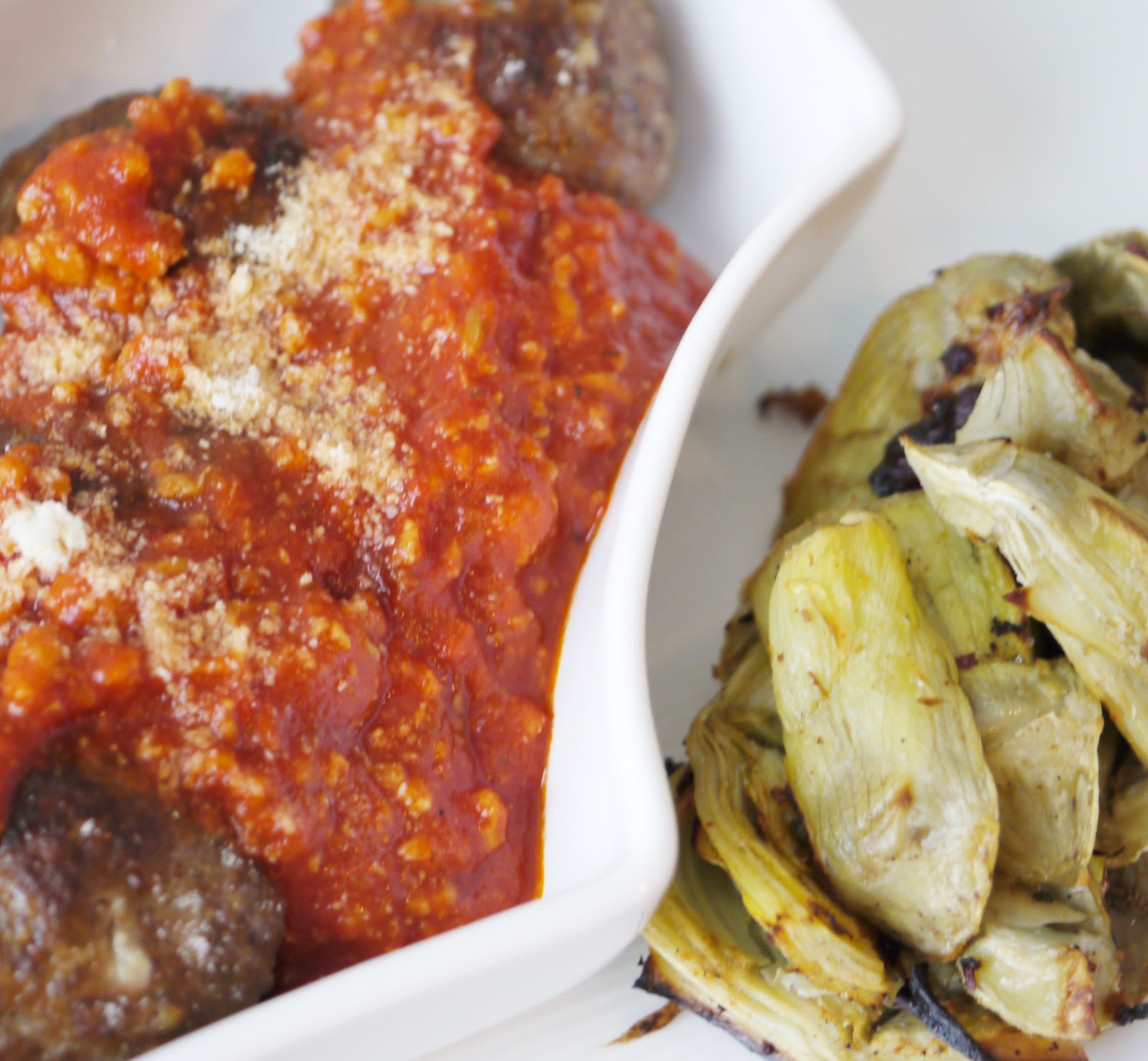 Craves and aves Meatballs Marinara with Broiled Artichokes