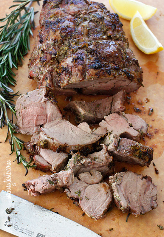 Roasted Boneless Leg of Lamb – seasoned with rosemary, lemon juice, Dijon mustard and garlic, YUM!