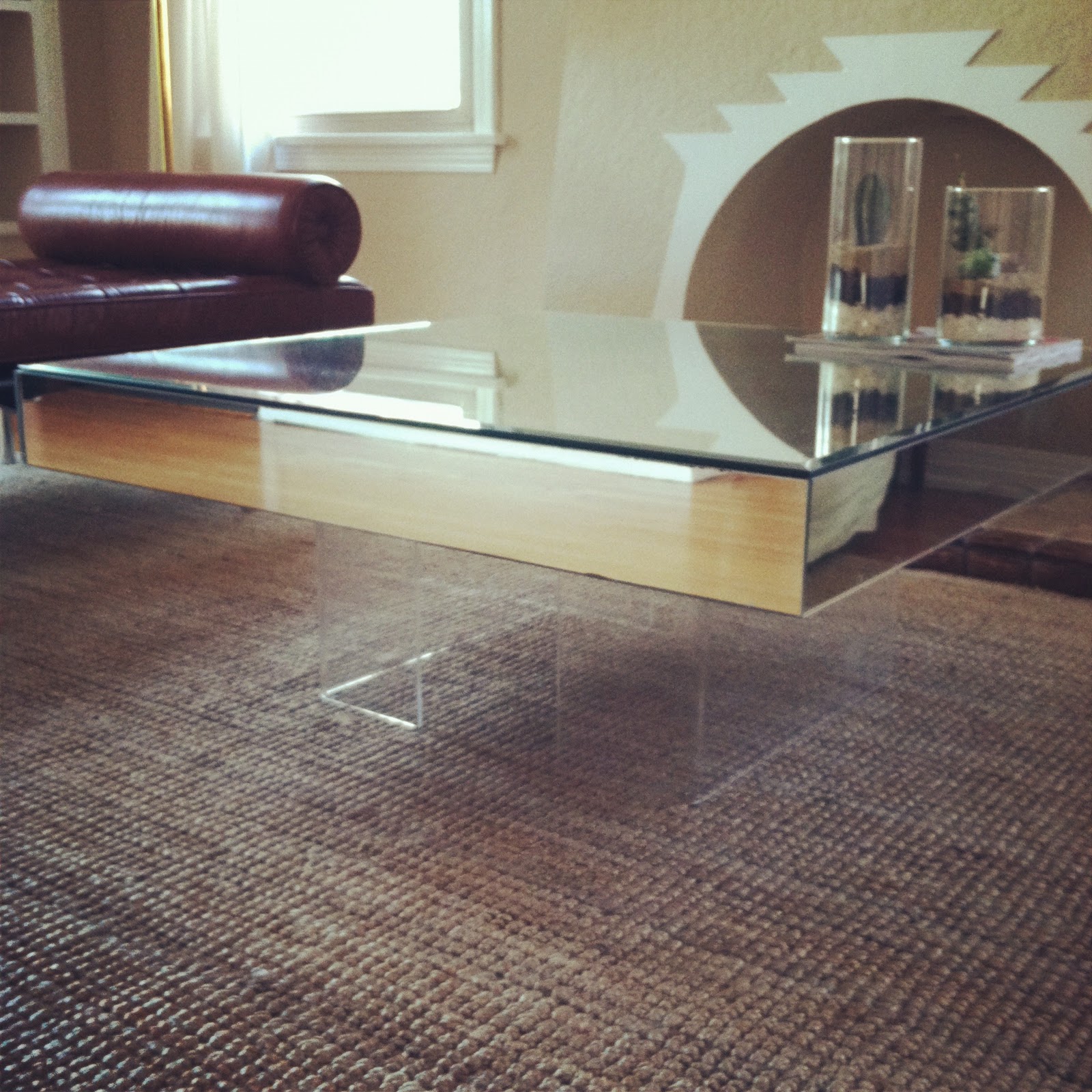 the treehouse 1.20.12 large, square mirrored coffee table with lucite