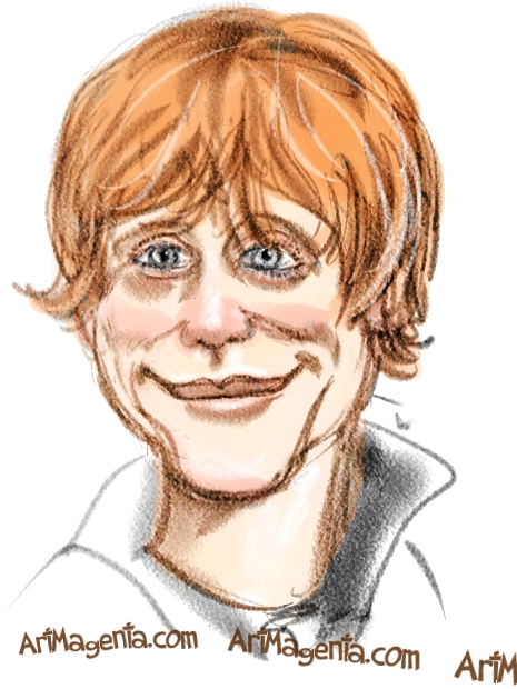 Rupert Grint caricature cartoon. Portrait drawing by caricaturist Artmagenta