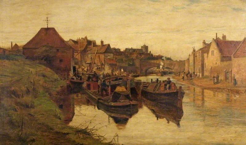 Charles William Wyllie Boating Scene on the Regents Canal with Narrow Boats and a Lighter