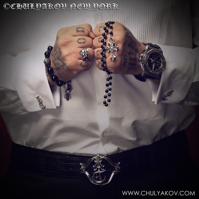 Onyx Rosary with Silver Cross, Silver Belt, Diamond Buddha Bead Bracelets, Silver Ring, Silver Cufflinks 