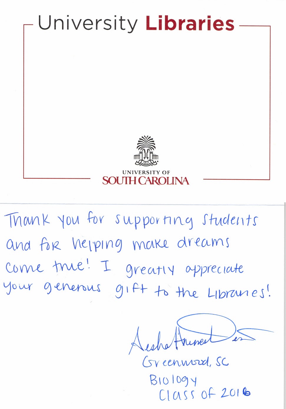 Thank you letter from a biology student at the University of South Carolina
