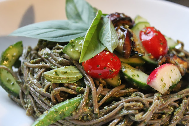Soba noodle salad with pesto and grilled eggplant