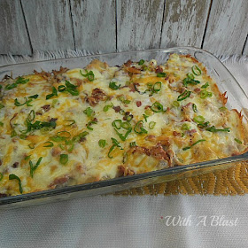 Loaded Potato and Chorizo Casserole ~ Gooey, creamy 2 cheeses with Bacon and Chorizo makes this a winner ! #PotatoDish #LightDinner #PartySnack