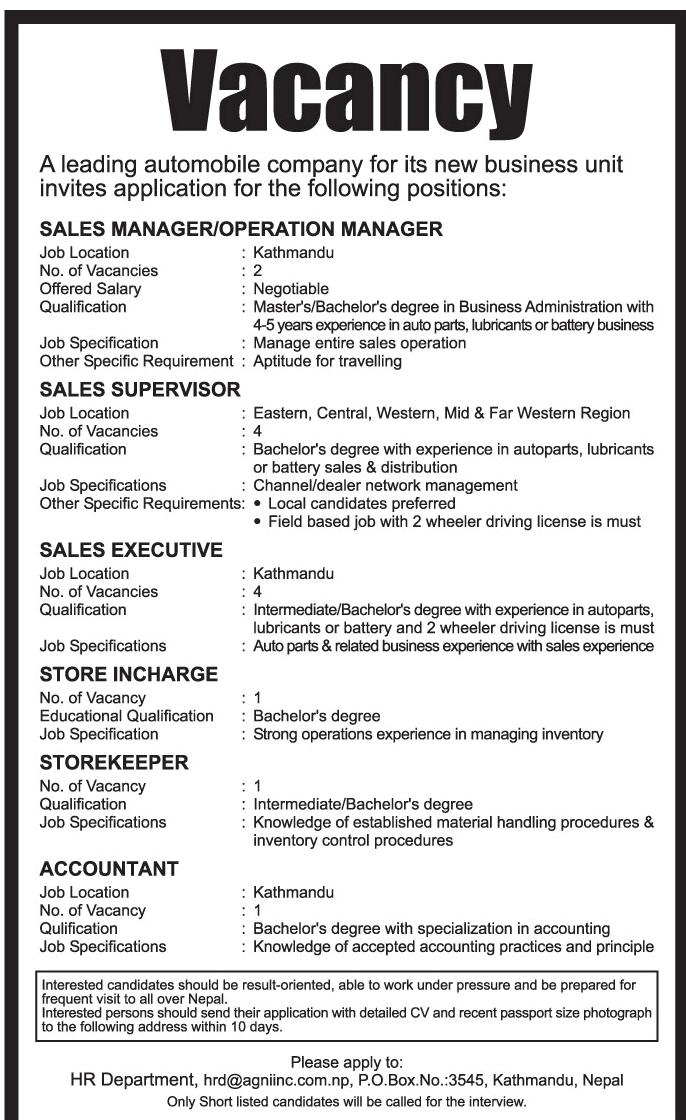 Job Vacancy in a leading Automobile Company Jobs in Nepal