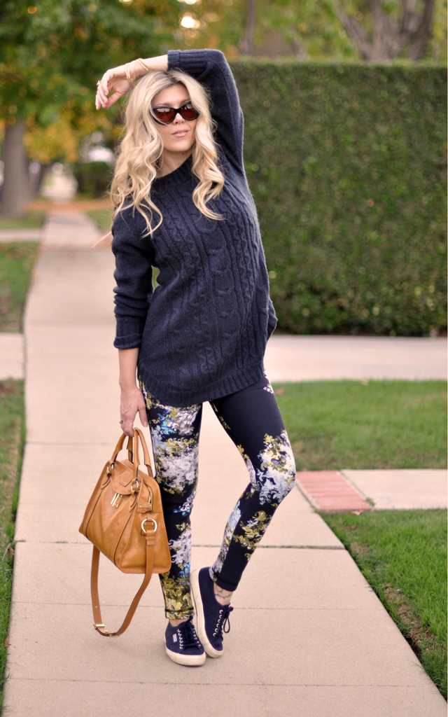 easy casual outfit, cropped floral pants, long chunky sweater, sneakers