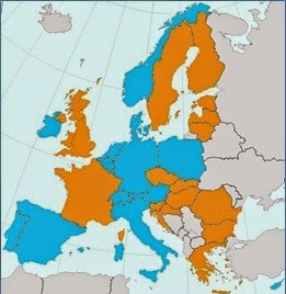 Distribución de las políticas nacionales aplicadas a la alimentación en las escuelas en la UE 28 y en Noruega y Suiza: obligatorias en naranja y voluntarias en azul