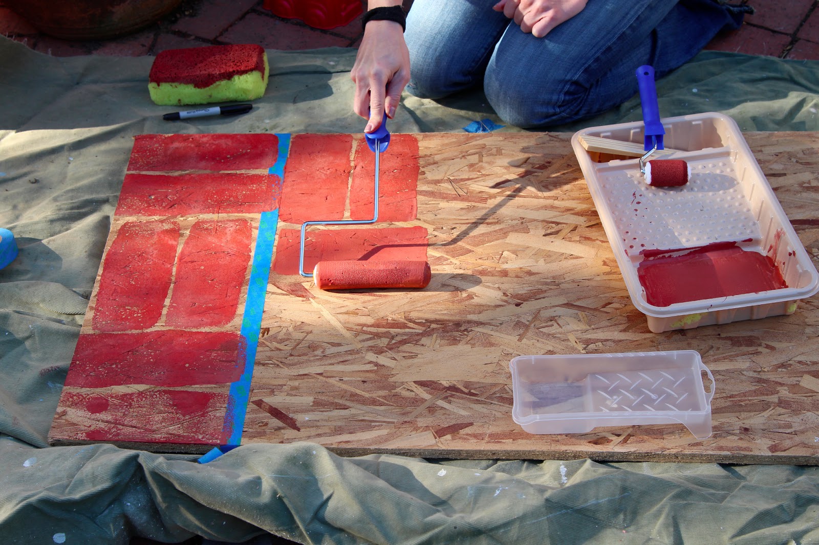 sandpaper and silly putty painting myself a "brick" porch