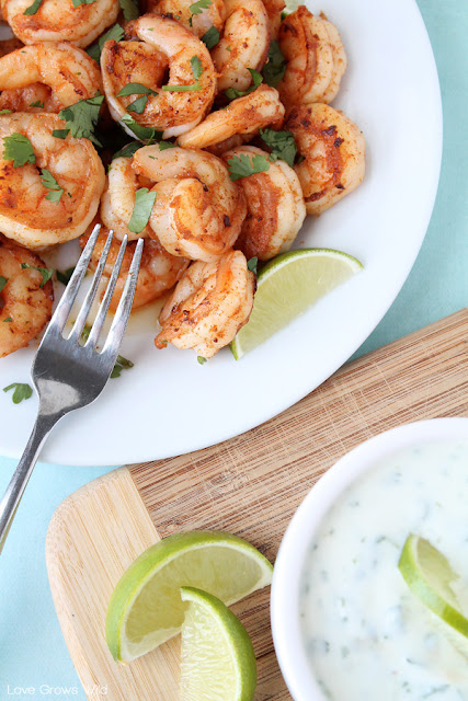 Spicy Cilantro Shrimp with Honey Lime Dipping Sauce - a flavorful, healthy meal you can have ready in under 10 minutes! You'll love the combination of spicy shrimp with the honey lime sauce! at LoveGrowsWild.com #shrimp #recipe #dinner