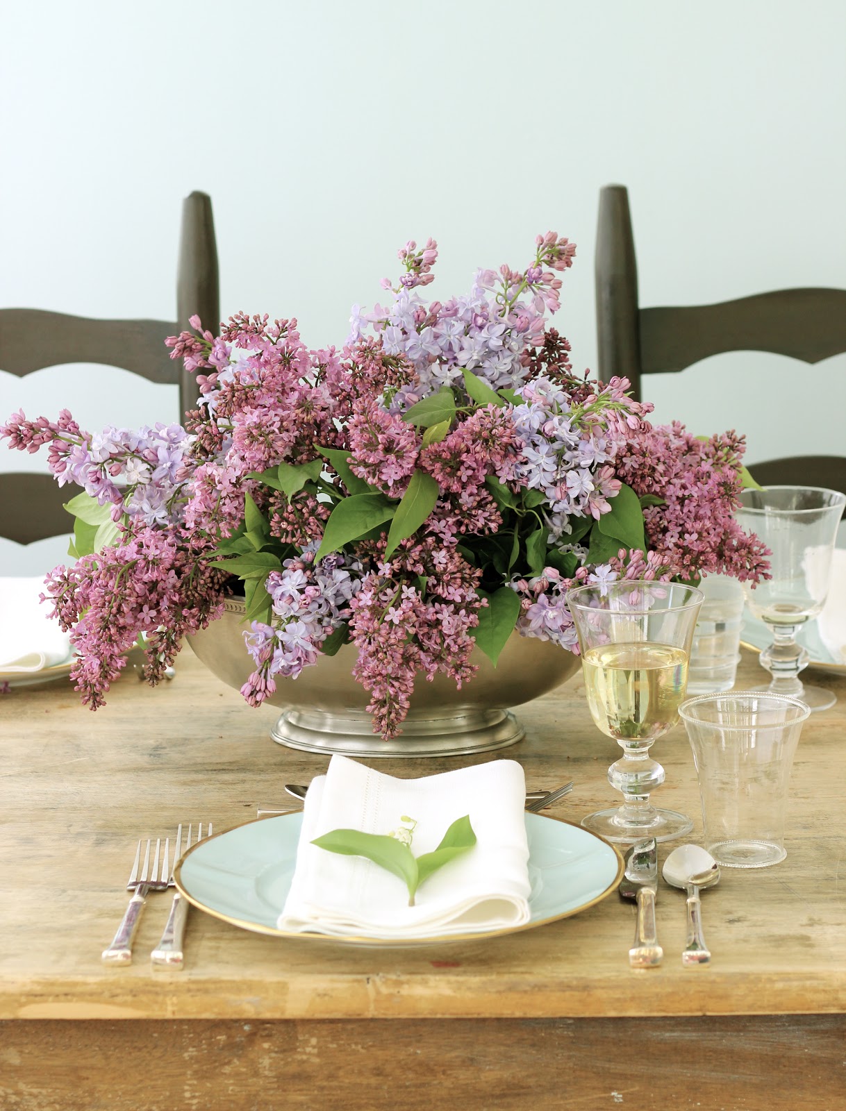 Jenny Steffens Hobick Lilac Centerpiece in Pewter Serving Bowl with