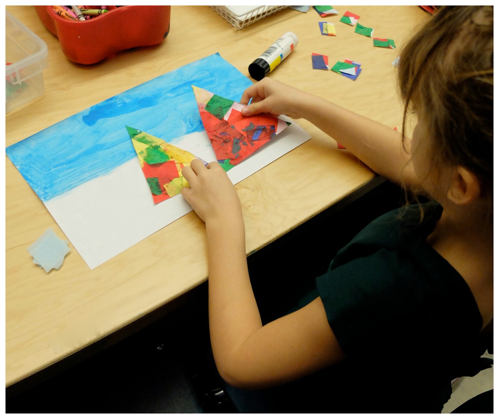 colourful tissue paper winter trees rubber boots and elf shoes
