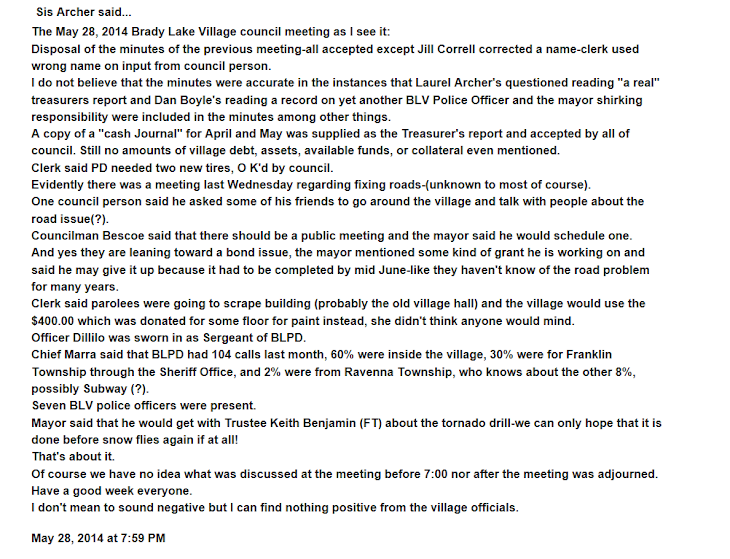 Here's the Real 5/28/14 Brady Lake Village council meeting minutes.