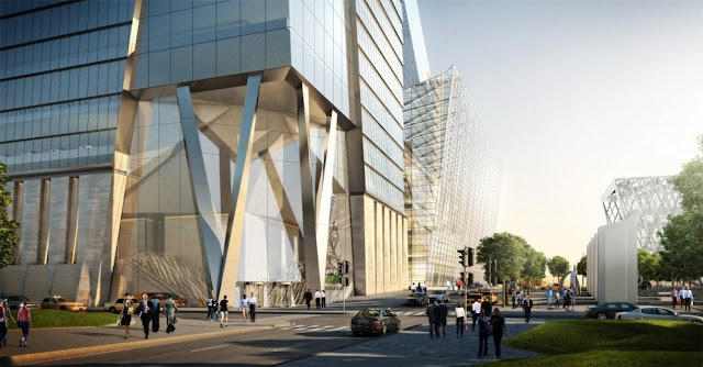 Photo of new office tower entrance as seen from the street