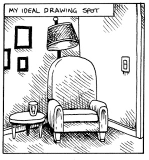 drawing of a chair in a corner with lamp and side table