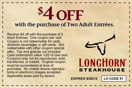 Longhorn coupon LongHorn Steakhouse Coupons. Find the best of LongHorn Steakhouse promo codes, Top Brands & Savings · + Coupons Available · New Offers Added Daily.