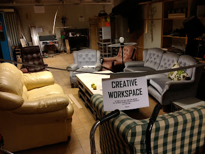 creative workspace in cykelkoket in Malmo area for relaxation and computer/ art work in cycle kitchen in Dockan