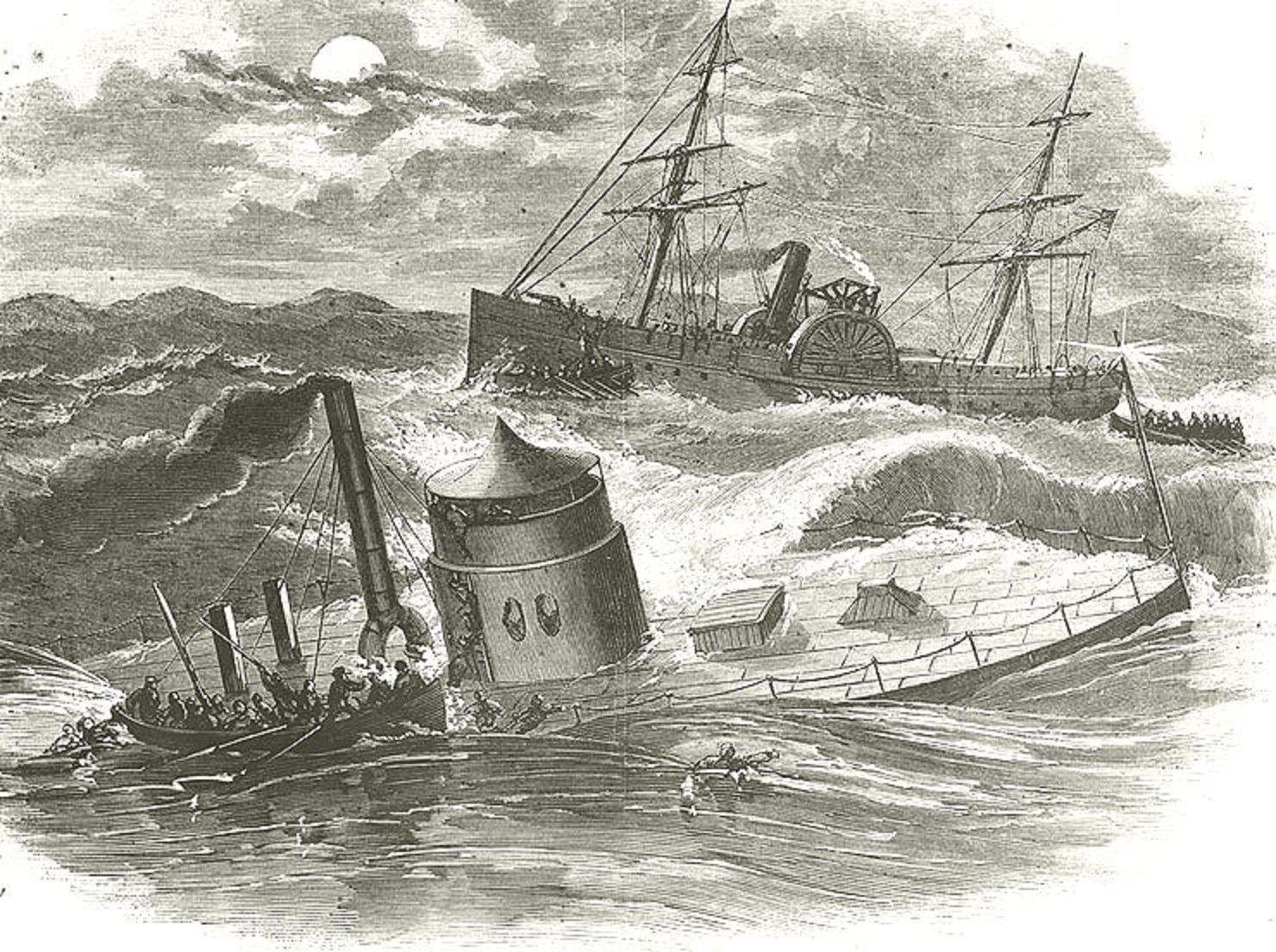 Engraving of USS Monitor sinking, with USS Rhode Island in the background ~