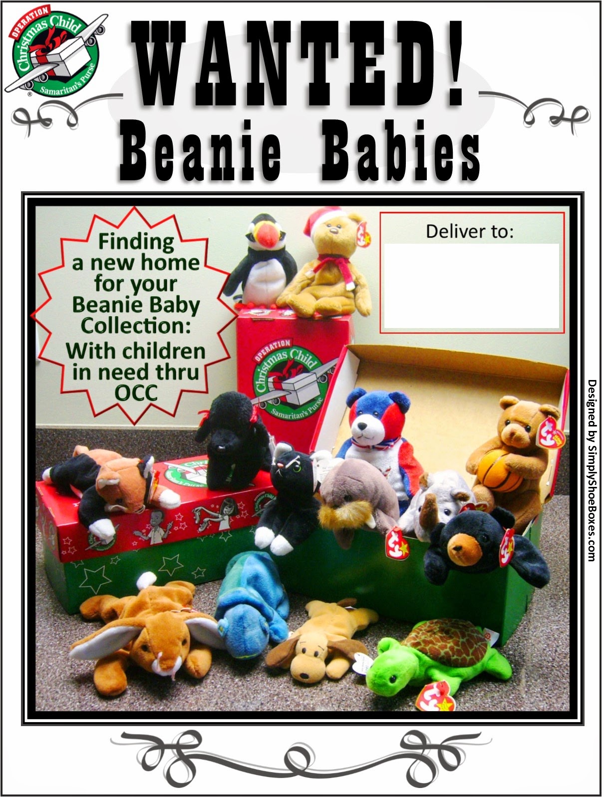 Simply Shoeboxes WANTED Poster Beanie Babies for OCC Shoeboxes & A