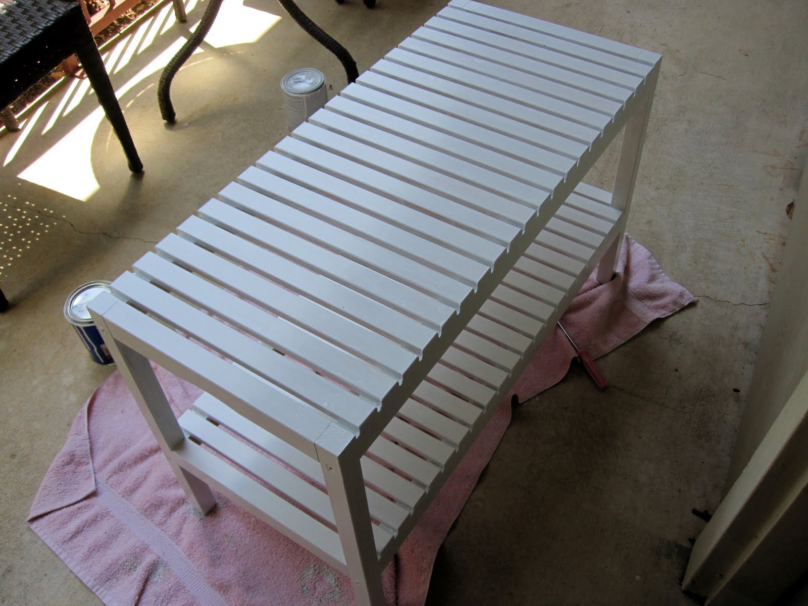 home, thrifty home IKEA shower bench turned shoe storage