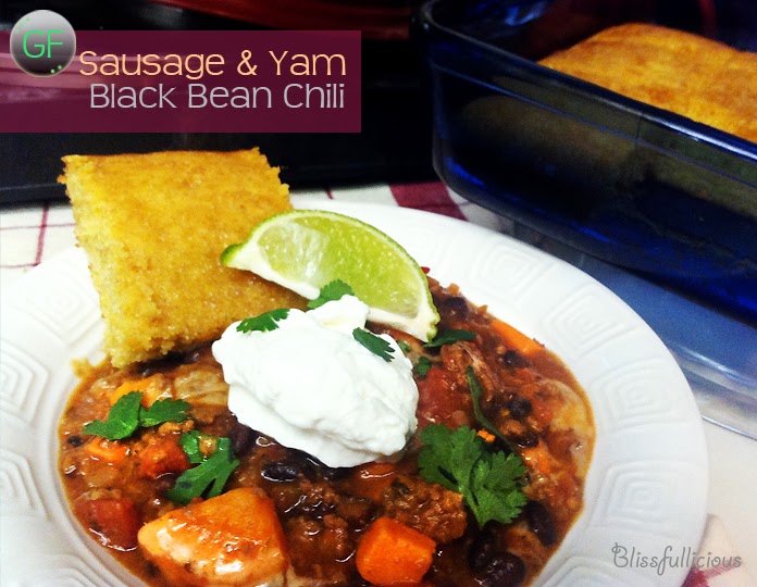 Blissfullicious Black Bean, Sweet Potato, Yam and Sausage Chili