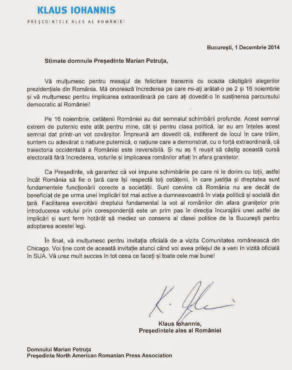 Scrisoare De Multumire Pentru Diriginta Scrisoarea de multumire de la presedintele ales Klaus Iohannis