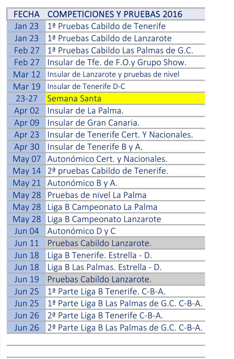 Calendario Temporada 2016