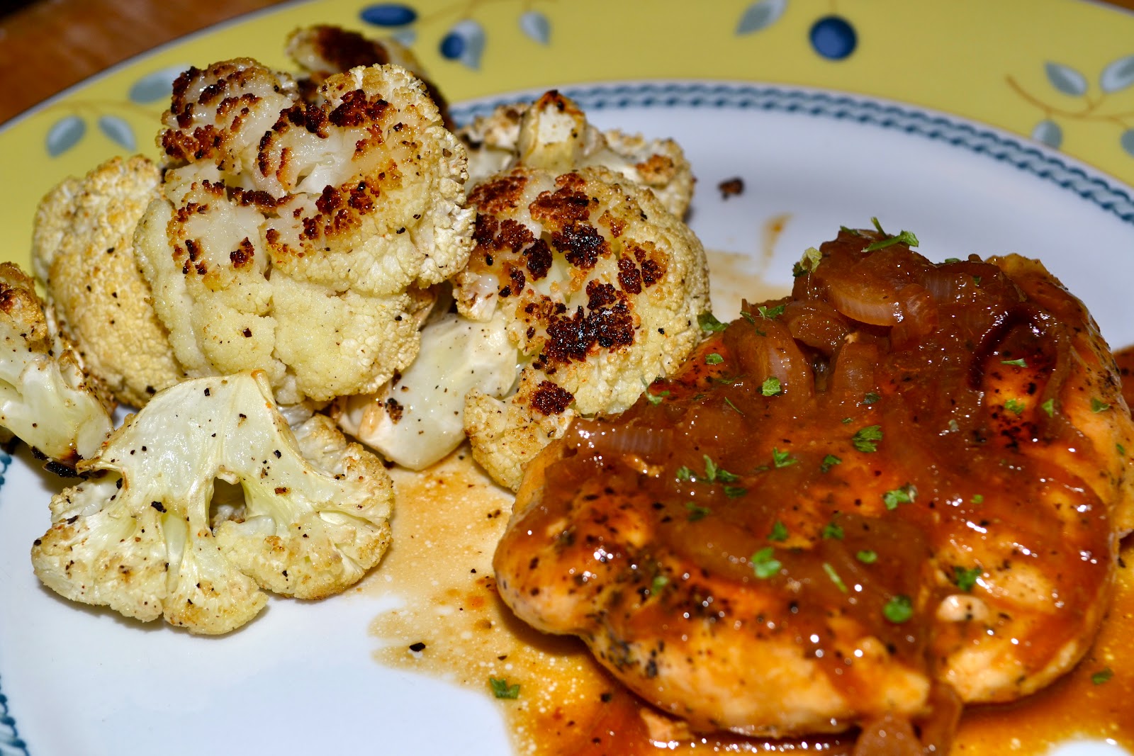 sunny side up Chicken with HoneyBeer Sauce and Cauliflower
