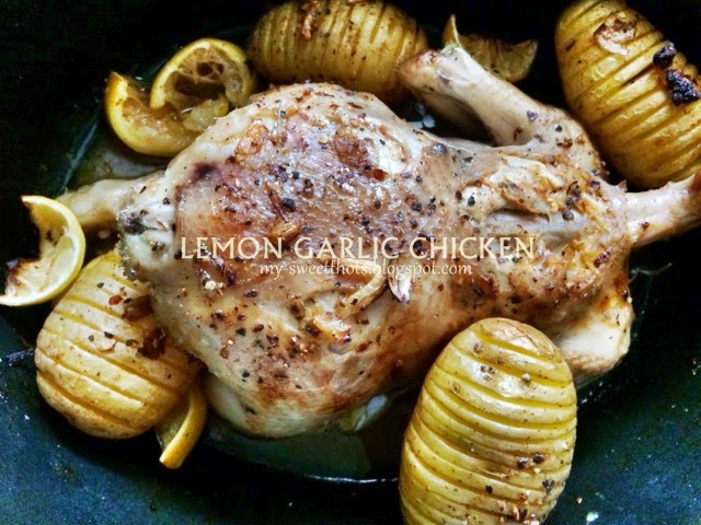 lemon garlic chicken with creamy lemon sauce & hasselback potatoes