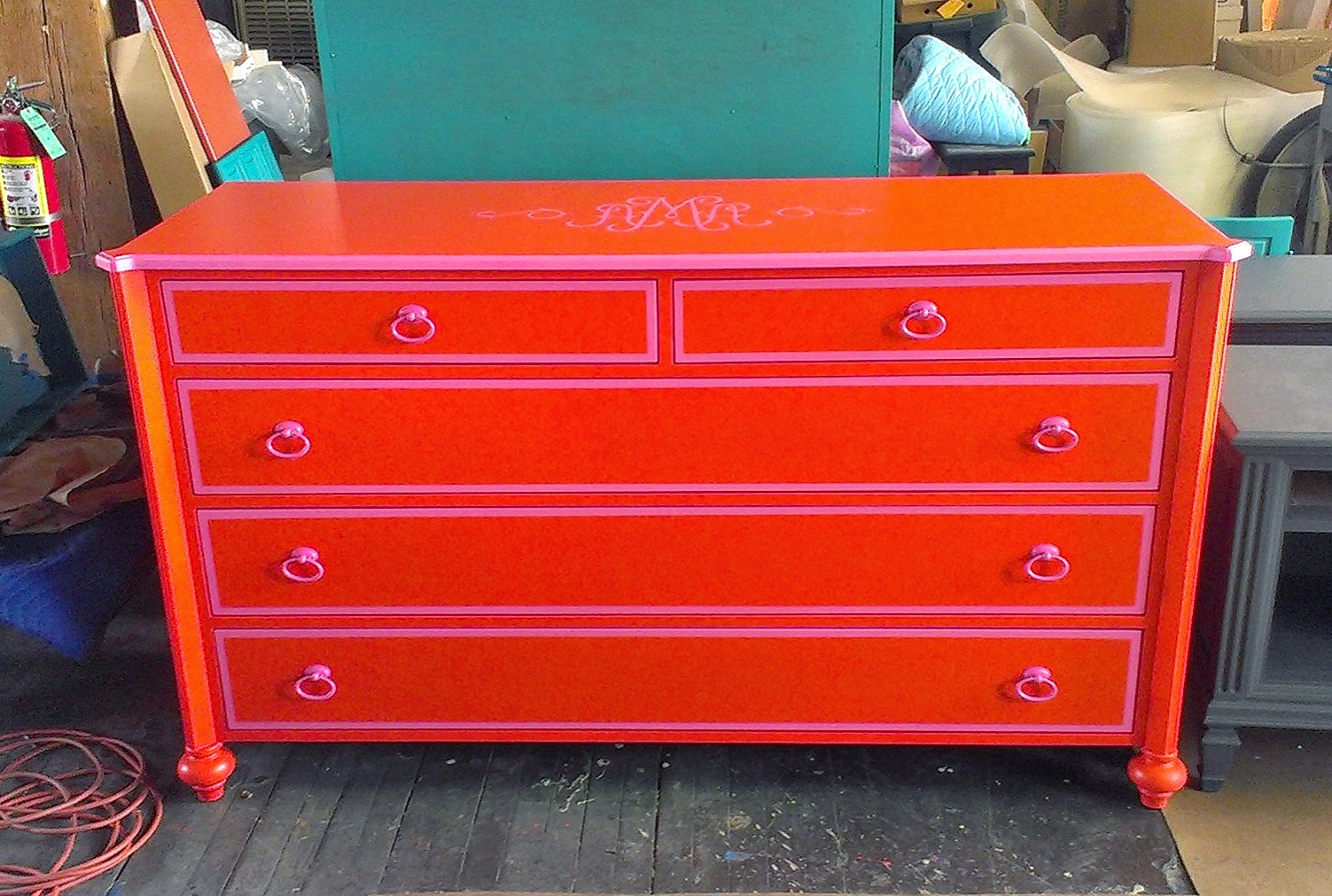 Sydney Barton Painted Furniture Orange And Pink Monogram Dresser